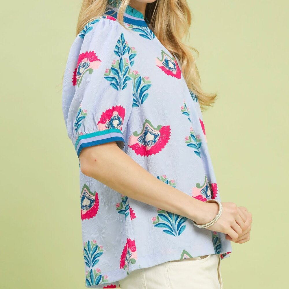 NWT Umgee Print Puff Sleeve Blouse with Contrast Trim - Picture 2 of 3
